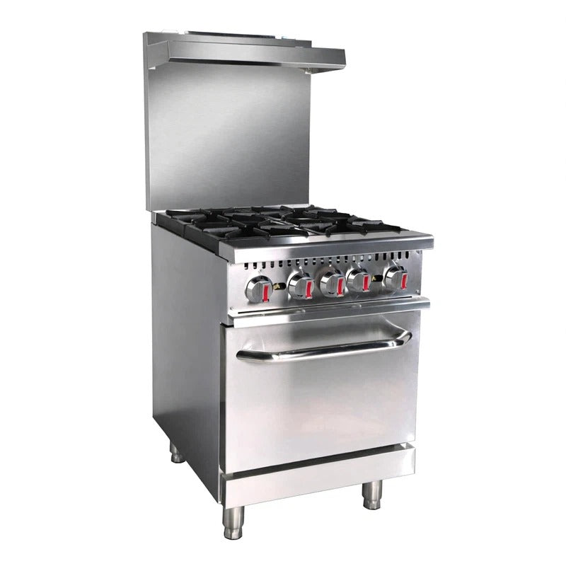 Commercial 4-Burner Gas Range Cooker with Oven – Adjustable Thermostat, Stainless Steel